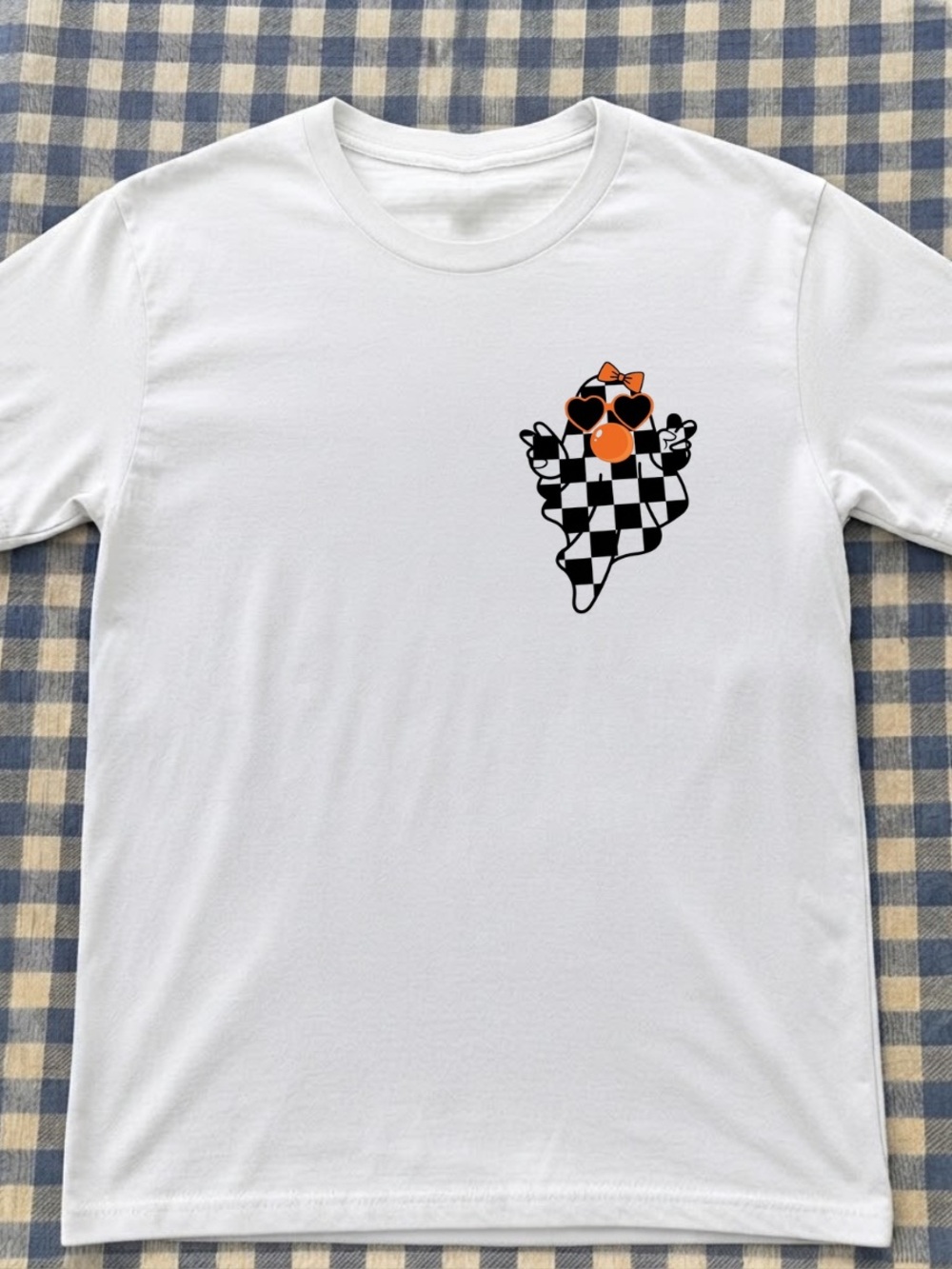 White Crewneck T-Shirt with Checkerboard Ghost Halloween Graphic
